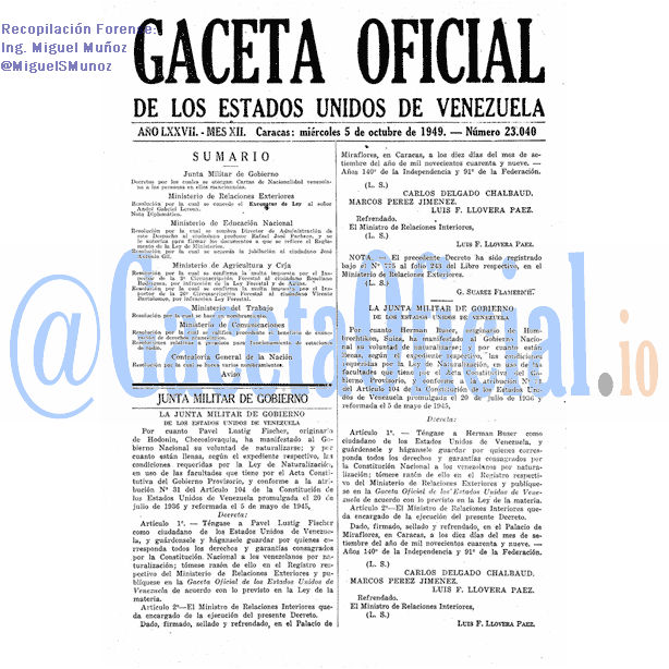 Gaceta Oficial 23040 del 5 Octubre 1949