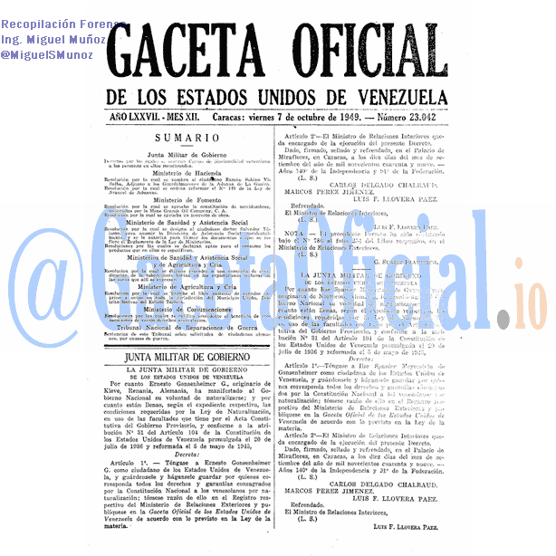Gaceta Oficial 23042 del 7 Octubre 1949