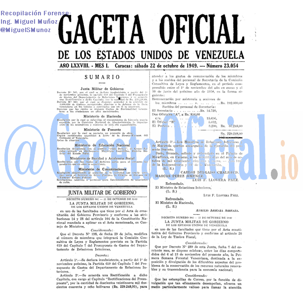 Gaceta Oficial 23054 del 22 Octubre 1949