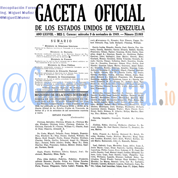 Gaceta Oficial 23069 del 9 Noviembre 1949