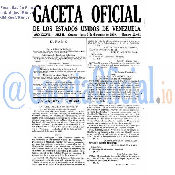 Gaceta Oficial 23091 del 5 Diciembre 1949