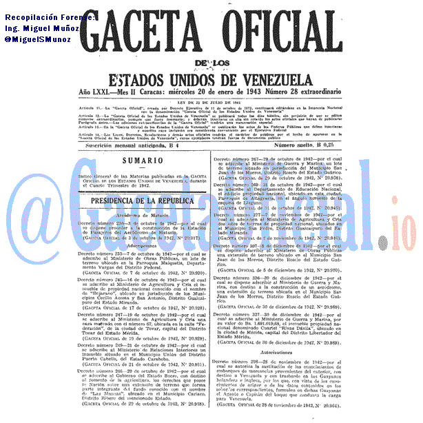 Gaceta Oficial 28 del 20 Enero 1943
