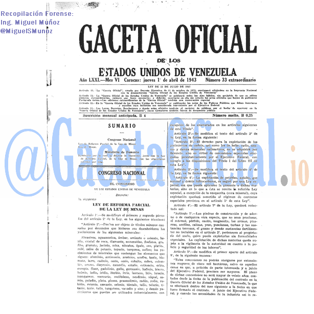 Gaceta Oficial 33 del 1 Abril 1943