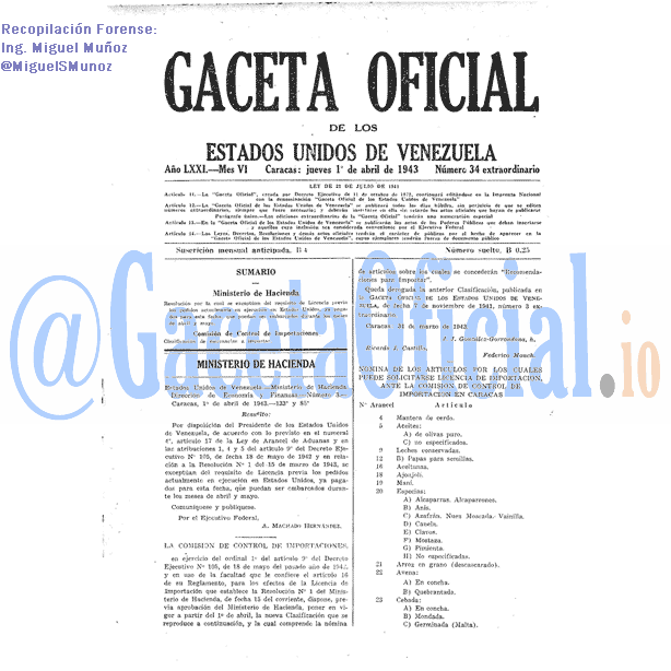Gaceta Oficial 34 del 1 Abril 1943