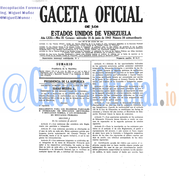 Gaceta Oficial 38 del 16 Junio 1943