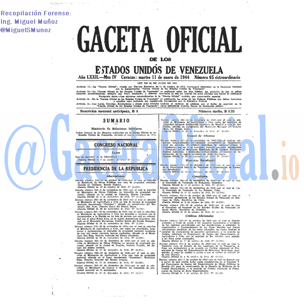 Gaceta Oficial 65 del 11 Enero 1944