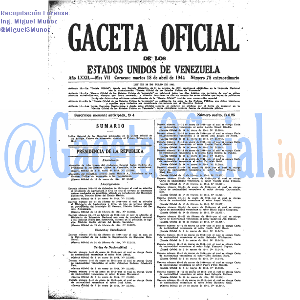 Gaceta Oficial 75 del 18 Abril 1944