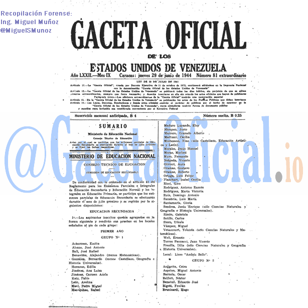 Gaceta Oficial 81 del 29 Junio 1944