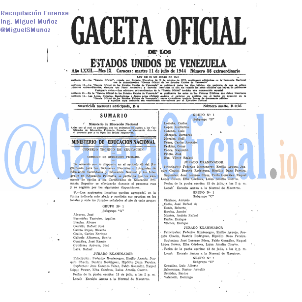 Gaceta Oficial 86 del 11 Julio 1944