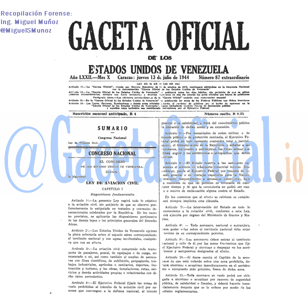 Gaceta Oficial 87 del 13 Julio 1944