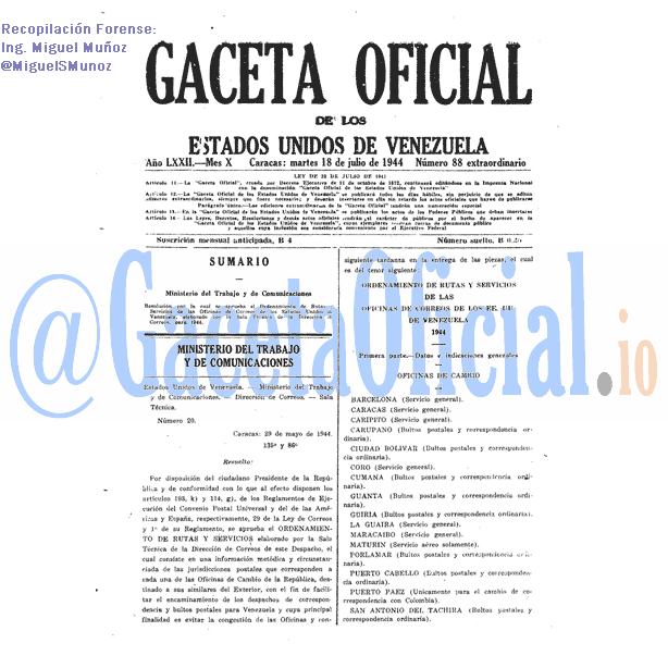 Gaceta Oficial 88 del 18 Julio 1944