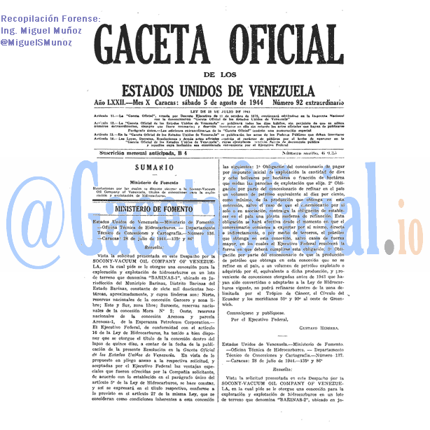 Gaceta Oficial 92 del 5 Agosto 1944