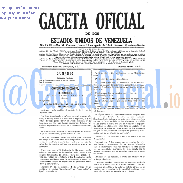 Gaceta Oficial 96 del 31 Agosto 1944