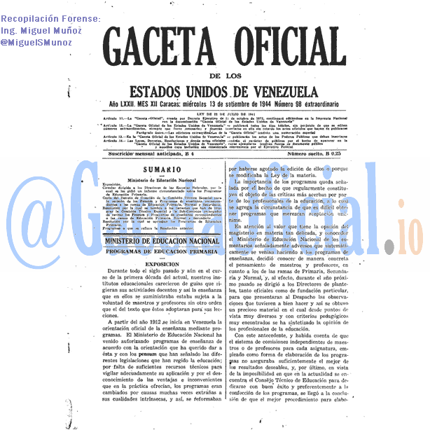 Gaceta Oficial 98 del 13 Septiembre 1944