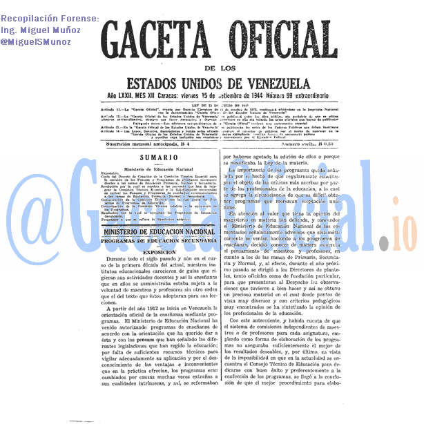 Gaceta Oficial 99 del 15 Septiembre 1944