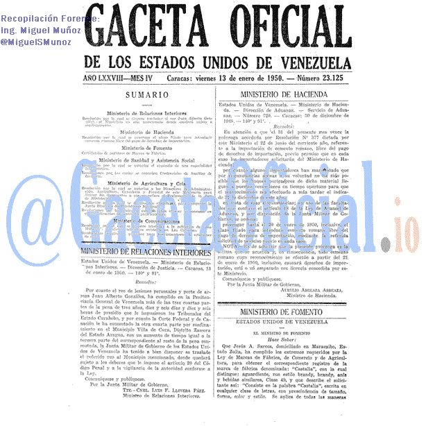 Gaceta Oficial 23125 del 13 Enero 1950