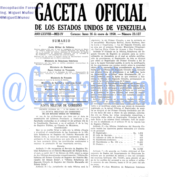 Gaceta Oficial 23127 del 16 Enero 1950