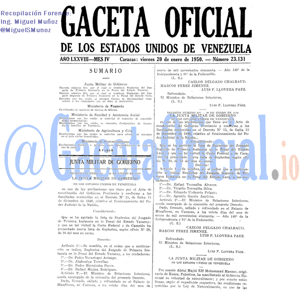 Gaceta Oficial 23131 del 20 Enero 1950