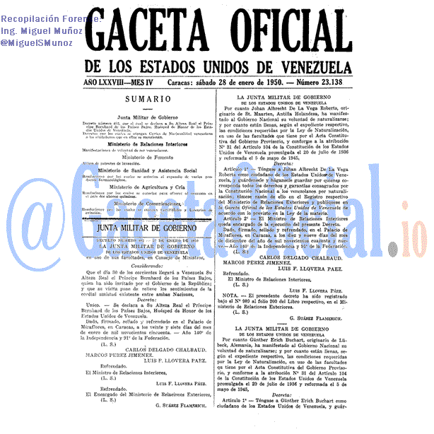 Gaceta Oficial 23138 del 28 Enero 1950