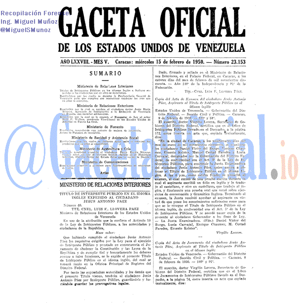 Gaceta Oficial 23153 del 15 Febrero 1950
