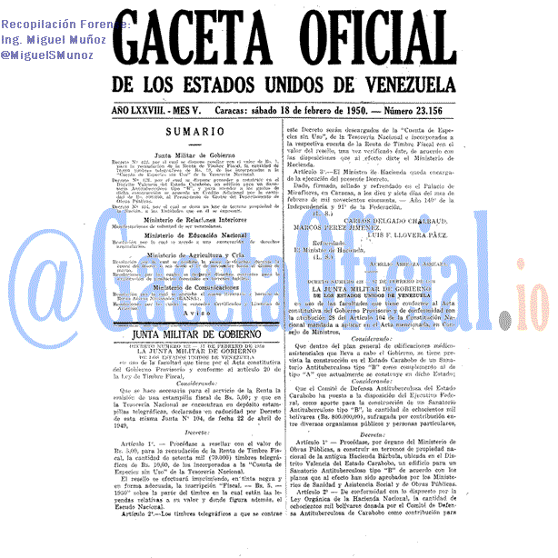 Gaceta Oficial 23156 del 18 Febrero 1950