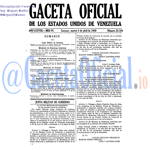 Gaceta Oficial 23194 del 4 Abril 1950