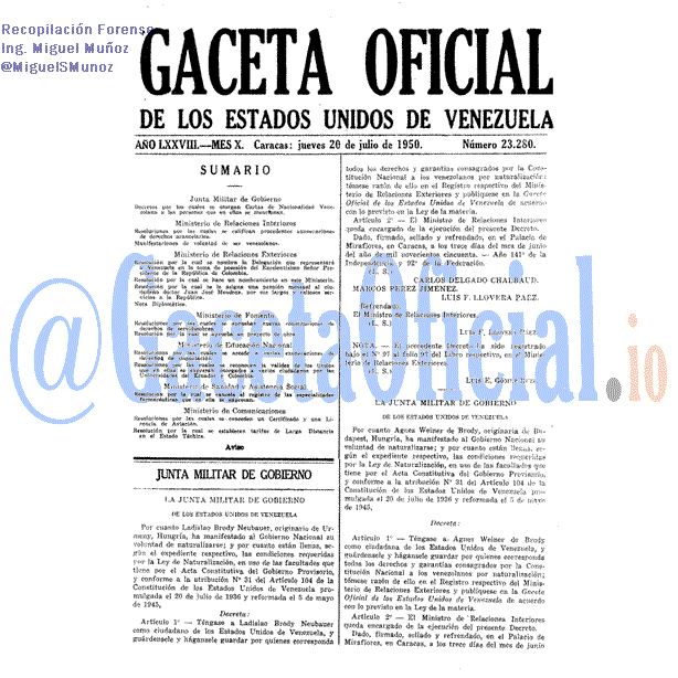 Gaceta Oficial 23280 del 20 Julio 1950