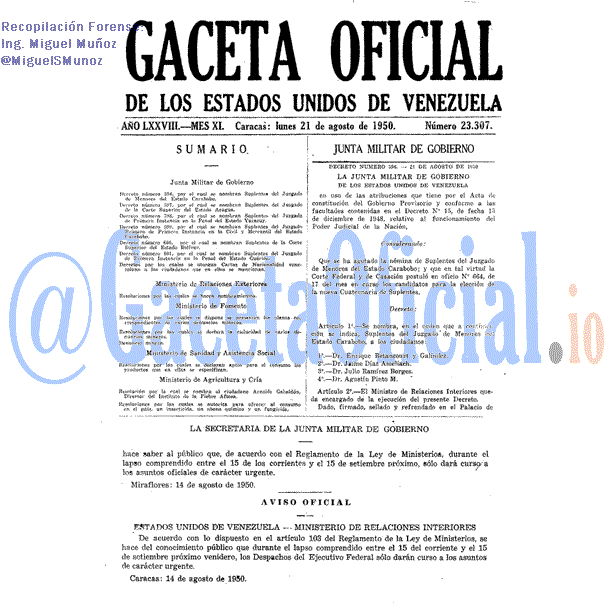 Gaceta Oficial 23307 del 21 Agosto 1950