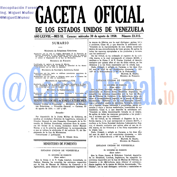 Gaceta Oficial 23315 del 30 Agosto 1950