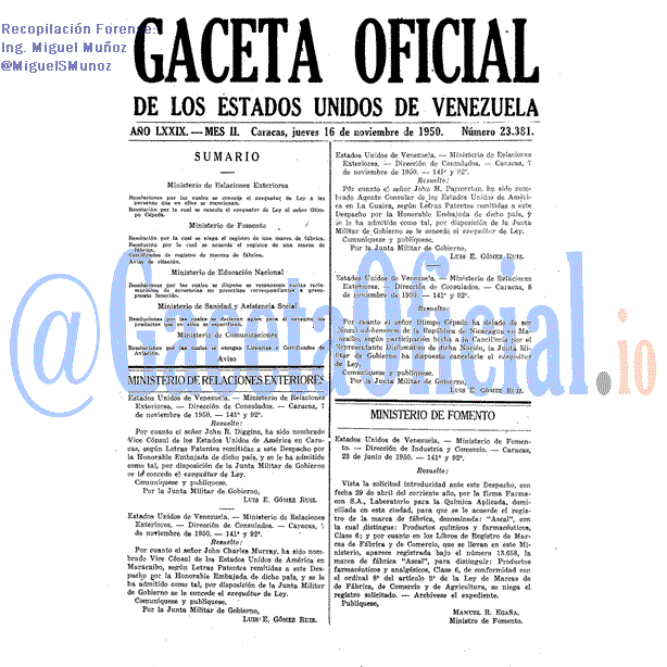 Gaceta Oficial 23381 del 16 Noviembre 1950