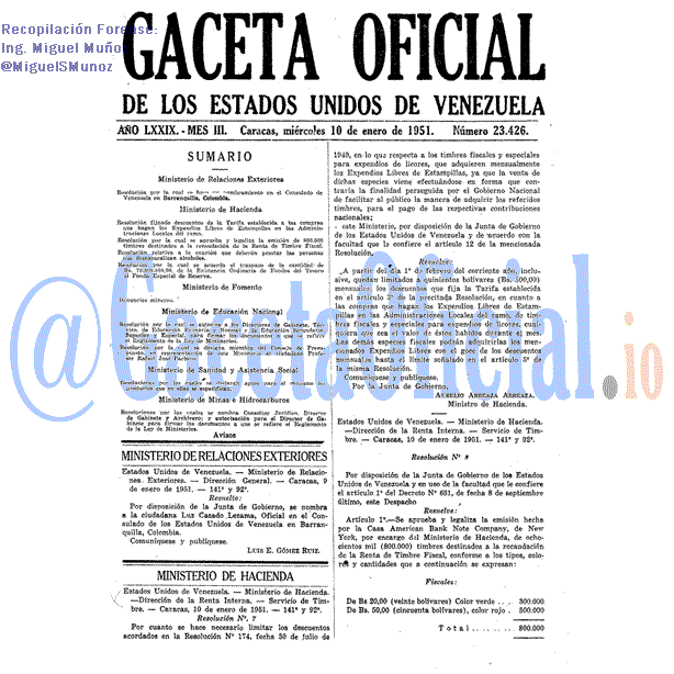 Gaceta Oficial 23426 del 10 Enero 1951