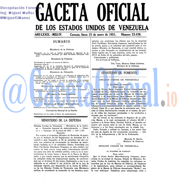 Gaceta Oficial 23430 del 15 Enero 1951