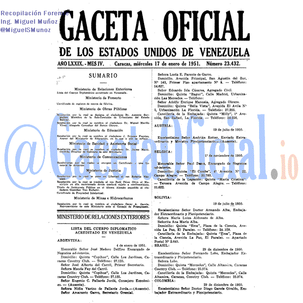 Gaceta Oficial 23432 del 17 Enero 1951