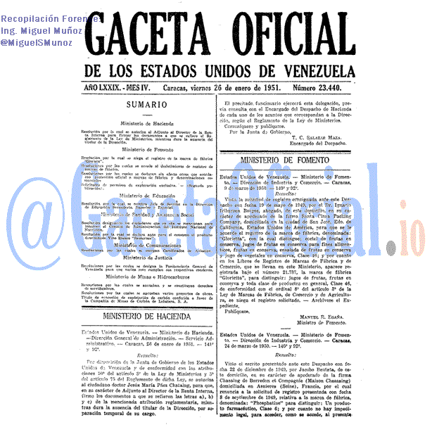 Gaceta Oficial 23440 del 26 Enero 1951