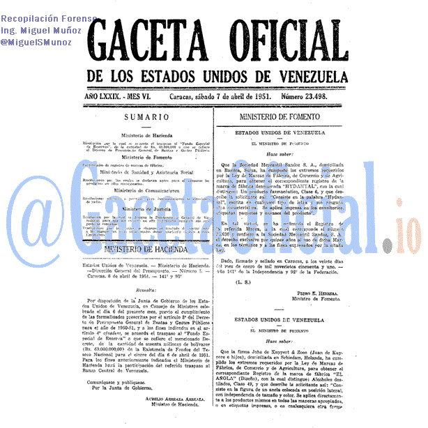 Gaceta Oficial 23498 del 7 Abril 1951