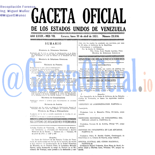 Gaceta Oficial 23516 del 30 Abril 1951