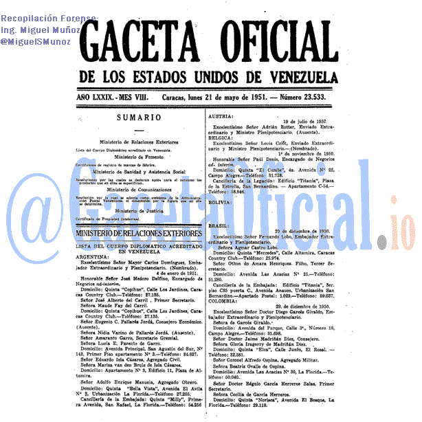 Gaceta Oficial 23533 del 21 Mayo 1951