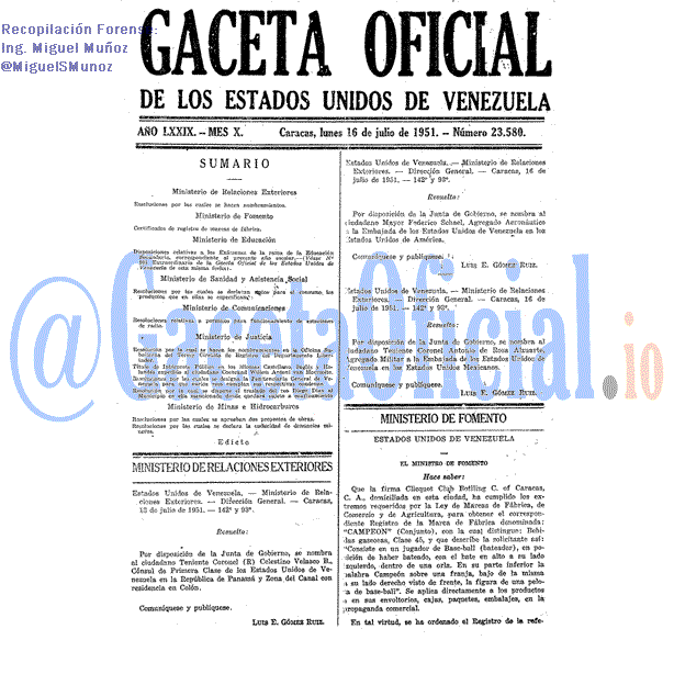 Gaceta Oficial 23580 del 16 Julio 1951