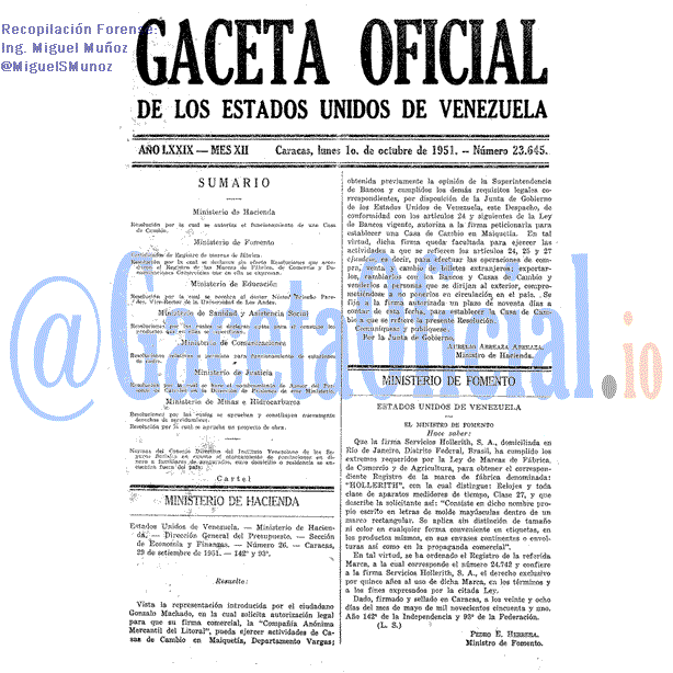 Gaceta Oficial 23645 del 1 Octubre 1951