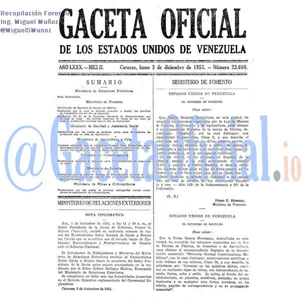 Gaceta Oficial 23698 del 3 Diciembre 1951