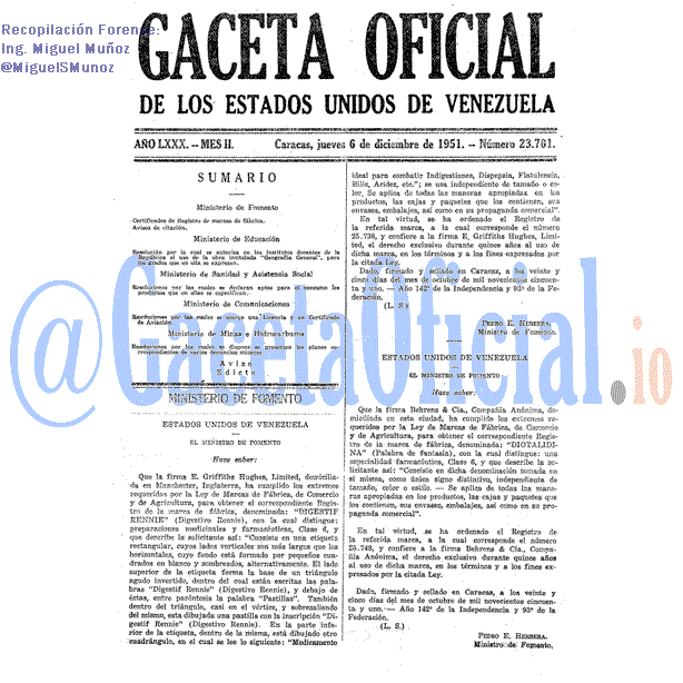 Gaceta Oficial 23701 del 6 Diciembre 1951