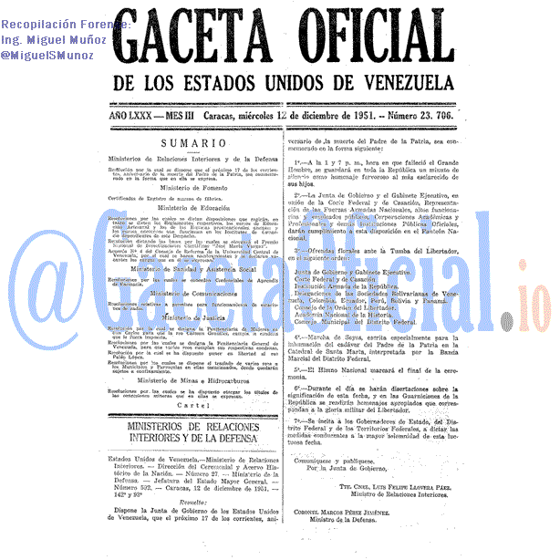 Gaceta Oficial 23706 del 12 Diciembre 1951