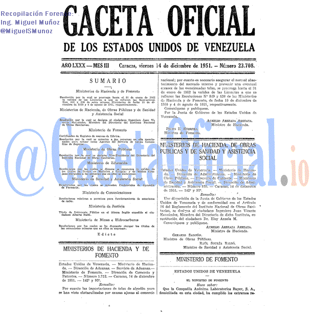 Gaceta Oficial 23708 del 14 Diciembre 1951
