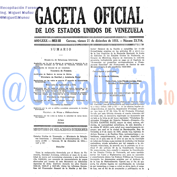 Gaceta Oficial 23714 del 21 Diciembre 1951
