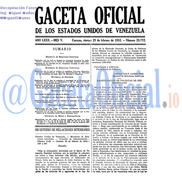 Gaceta Oficial 23772 del 29 Febrero 1952