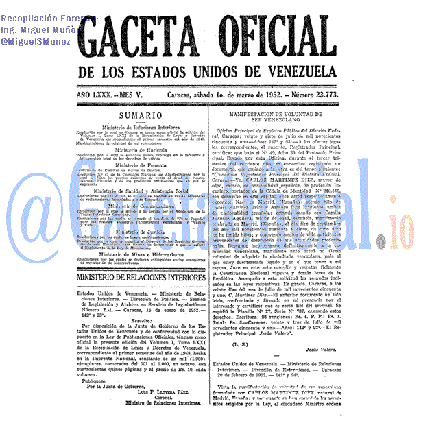 Gaceta Oficial 23773 del 1 Marzo 1952