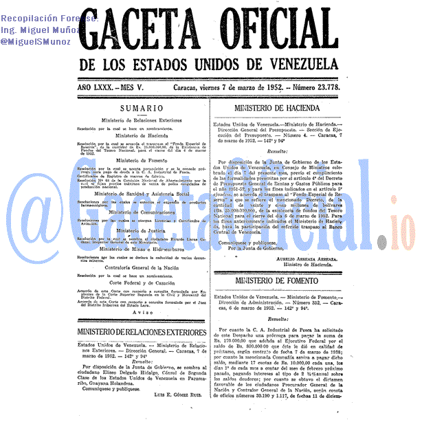 Gaceta Oficial 23778 del 7 Marzo 1952