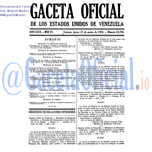 Gaceta Oficial 23795 del 27 Marzo 1952