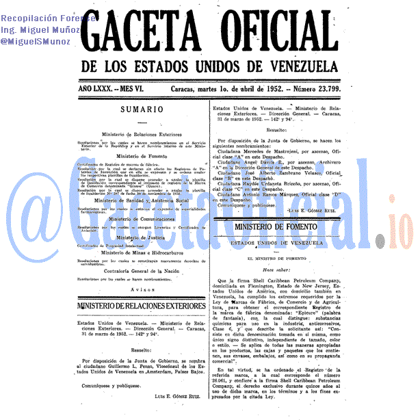Gaceta Oficial 23799 del 1 Abril 1952