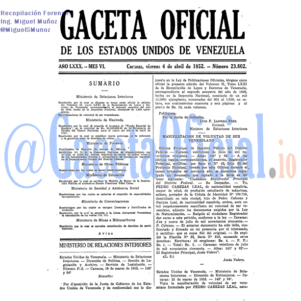 Gaceta Oficial 23802 del 4 Abril 1952